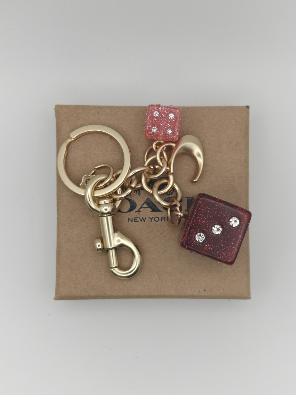 Coach Pink and Dark Red Glitter Dice Keychain with Gold Hardware